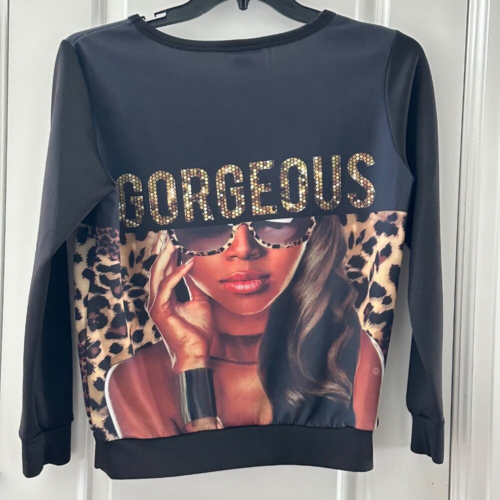 Gorgeous Leopard Print "Gorgeous" Graphic Sweatshirt By Blush Black & Multicolor - Picture 3 of 6
